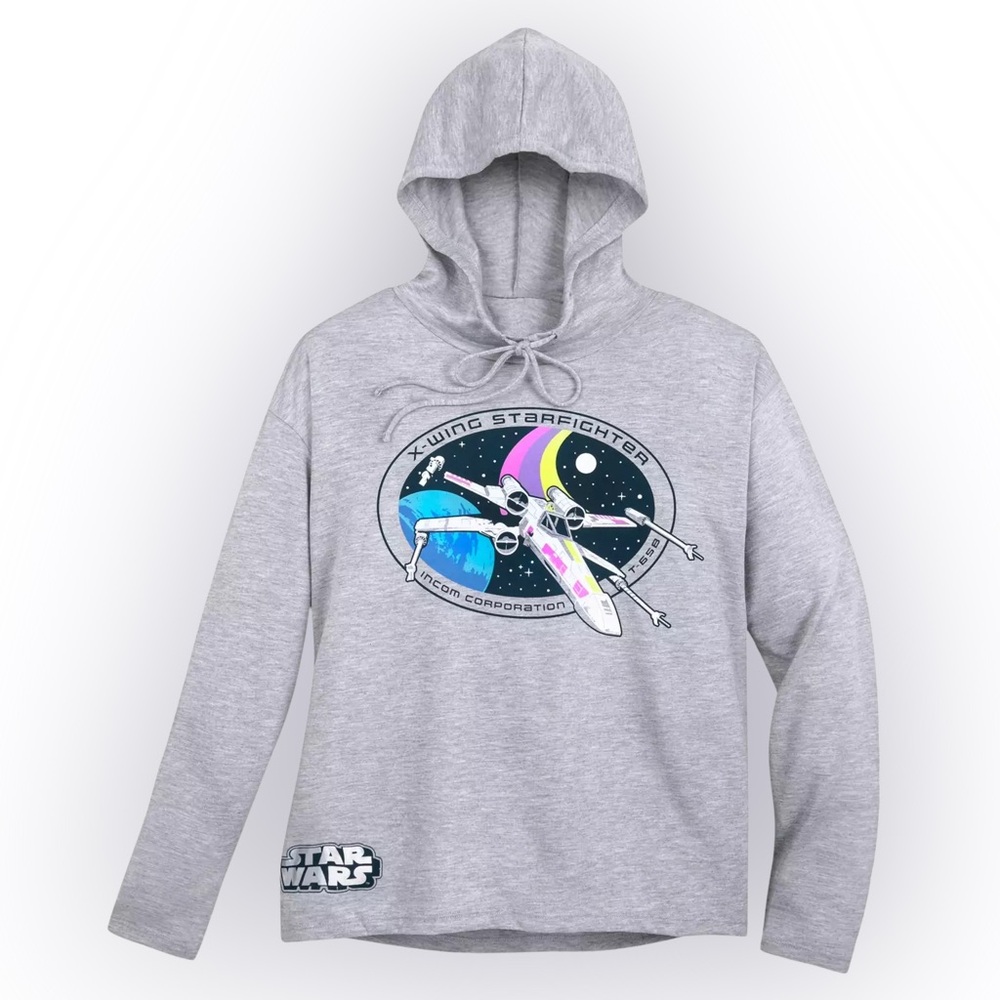 EUC Disney Star Wars X-Wing Starfighter Hoodie Long Sleeve Graphic T HeatherGray